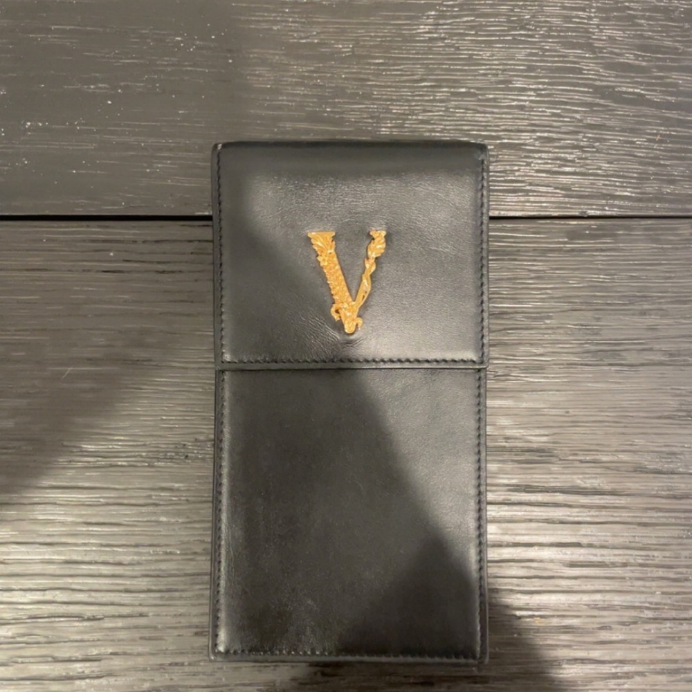 VERSACE Virtus V gold black top flap rectangular structured crossbody bag